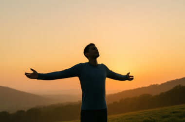 Ein Mann öffnet seine Arme und genießt seine Freiheit im Sonnenuntergang. Sinnbild für: änner-Guide für neue Energie
