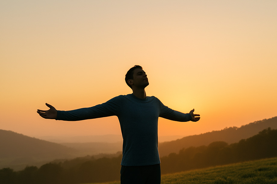 Ein Mann öffnet seine Arme und genießt seine Freiheit im Sonnenuntergang. Sinnbild für: änner-Guide für neue Energie