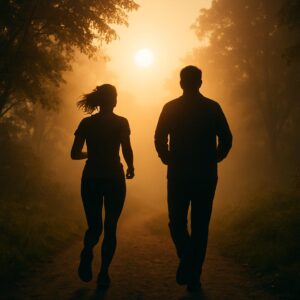 Eine Frau und ein Mann joggen auf einem Waldweg in die gleißenden Abendhimmel. Sie arbeiten an Longlivity